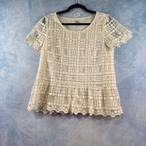 Leifsdottir Ivory Cream Lace Peplum Top Short Sleeve Geometric Circle Sz 10